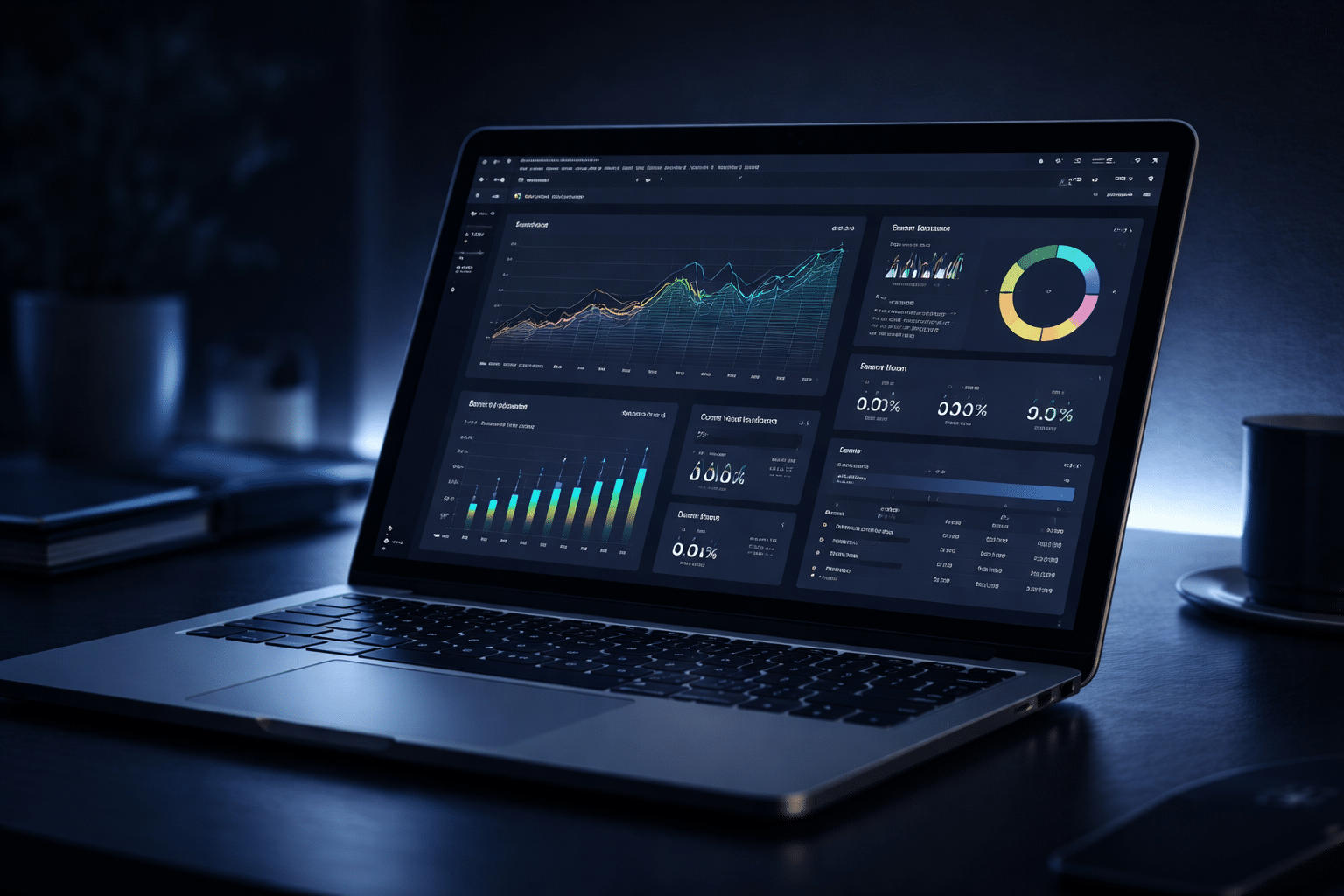 Dark analytics-style dashboard on a laptop screen